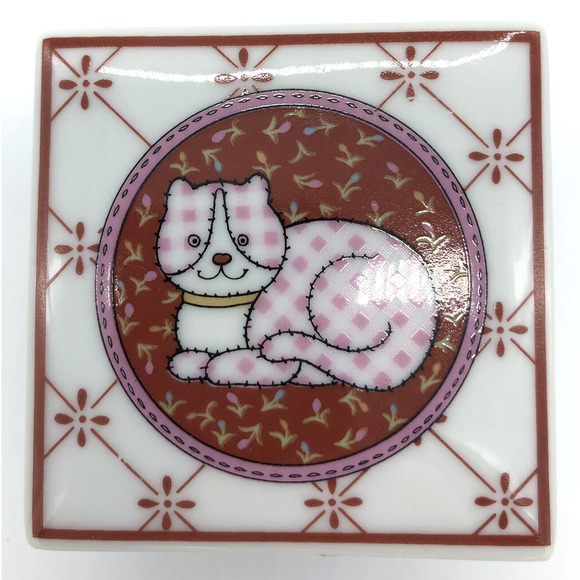Collectible Cat Feline Porcelain Square Trinket Box P4032 Japan 2.5 Inches - Picture 2 of 6